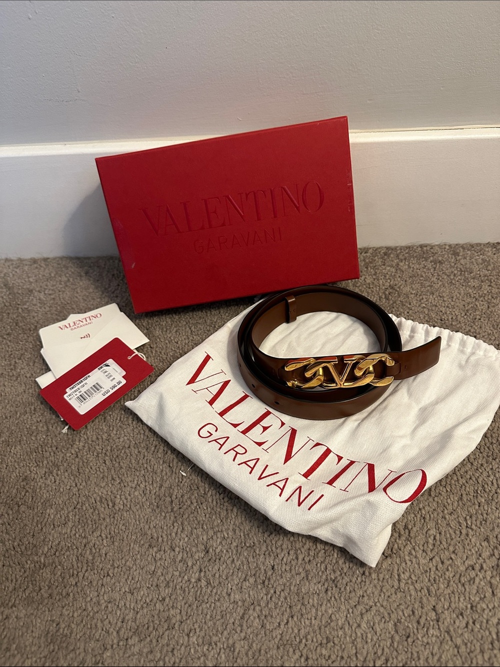 Valentino Garavani Women’s Brown Leather Belt with Gold Logo Buckle